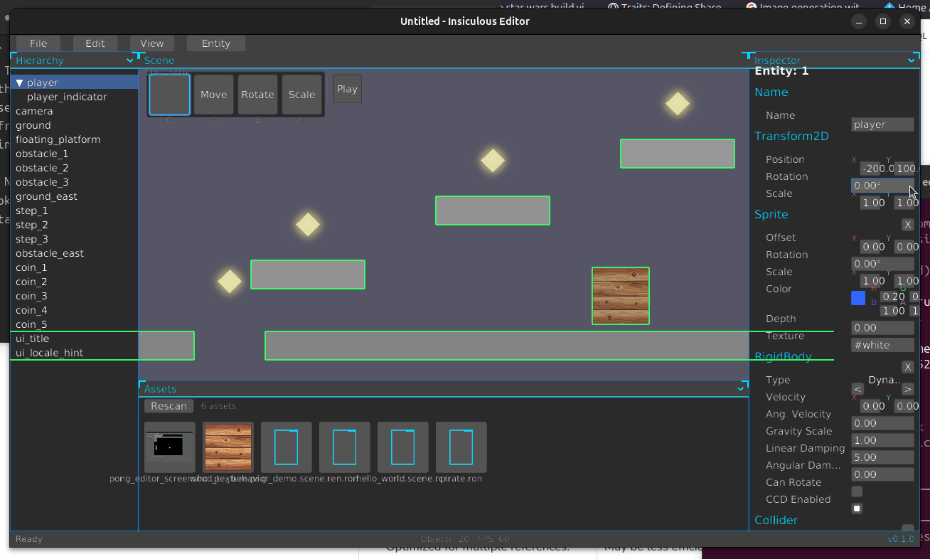 The Insiculous 2D scene editor in a browser, a platformer scene open in it
